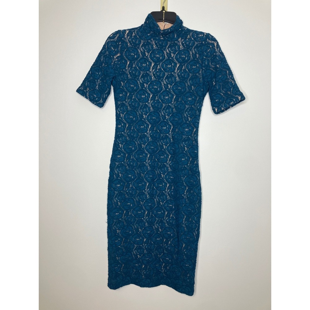 Fuzzi dark teal tan lace bodycon dress high neck short sleeve womens size medium